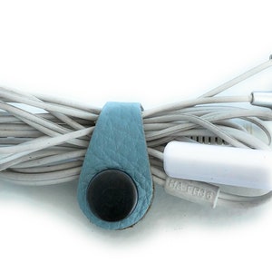 Set of 3 Leather Cable Organizers-great gift to incude with a card Keep Your Cables, Ties, Neat and Tidy. Light blue suede leather finish image 3