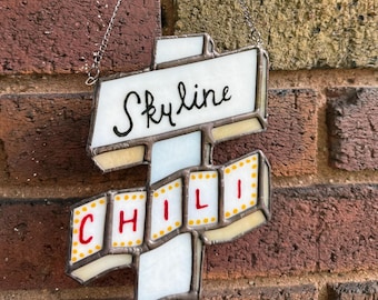 Clifton Skyline Chili sign stained glass suncatcher, iconic Cincinnati home decor