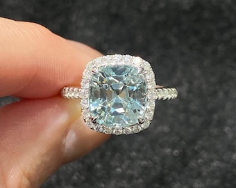 Natürlicher Aquamarin-Verlobungsring - Aquamarin im Kissenschliff mit Diamant-Halo - Weißgold-Halo-Ring - März Geburtsstein - Blauer Edelsteinring