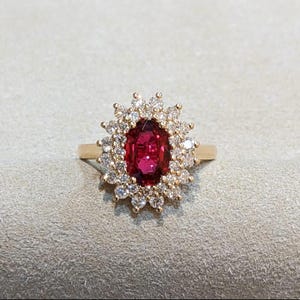 Op de afbeelding: Een gouden ring met een centrale ovaal geslepen dieprode edelsteen, omringd door een halo van kleine, ronde, helderwitte diamanten. De zetting is ingewikkeld, waarbij de diamanten in een bloemachtig patroon rond de rode steen zijn geplaatst.