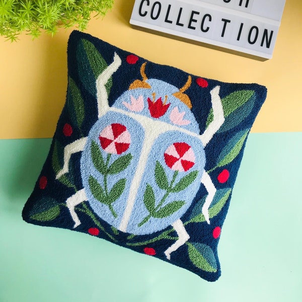 Punch Needle Pillow Cover, Decorative Embroidery Cushion Cover, Spring Beetle Floral Pillow Art, Throw Hook Pillow, 18x18 Pillow Cushion
