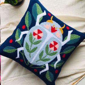 Spring Beetle Floral Pillow, Decorative Embroidery Cushion Cover, Punch Needle Pillow Cover, Throw Hook Pillow, 18x18 Pillow Cushion