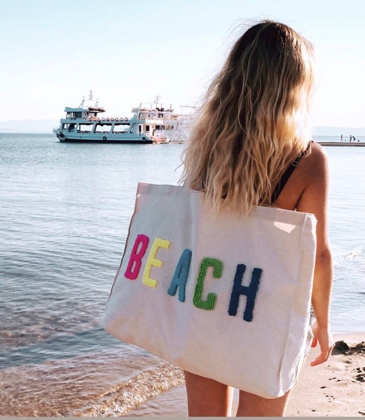 XXL Beach Bag, Colorful Punch Needle Handmade, 100 Cotton Canvas, Eco