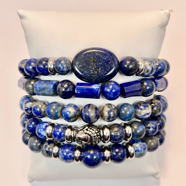 Bracelets en pierres lapis-lazuli de 8 mm 5 modèles. Pierre de la voûte céleste.