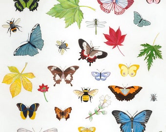 Butterflies, Bugs and Leaves - A4 / A3 Fine Art Giclee print