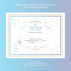 Printable Tooth Fairy Certificate / Instant Download PDF