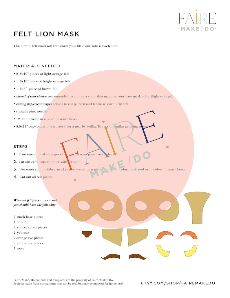 PRINTABLE COSTUME PATTERN: Felt Lion Costume Mask Pattern (toddler Size ...