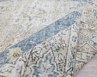 Vintage Distressed Turkish Rug 6.5x10.2 ft – Large Faded Oushak Style Area Rug in Beige & Teal – Worn Look Oversized Boho Room Carpet –