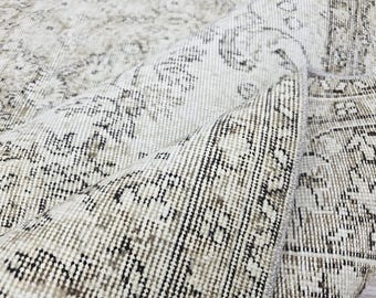 7x10 Beige Distressed Turkish Rug 7x9.5 ft — Large Neutral Vintage Carpet, Faded Floral Area Rug, Oversized Rustic Boho Home Decor