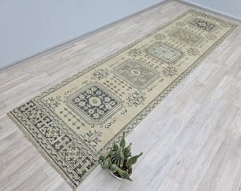 3x12 Handmade Runner Rug, Vintage Rug, Turkish Oushak Rug, Antique Runner Rug, Beige Color Runner, Wool Rug, 2.10 x 11.7 ft
