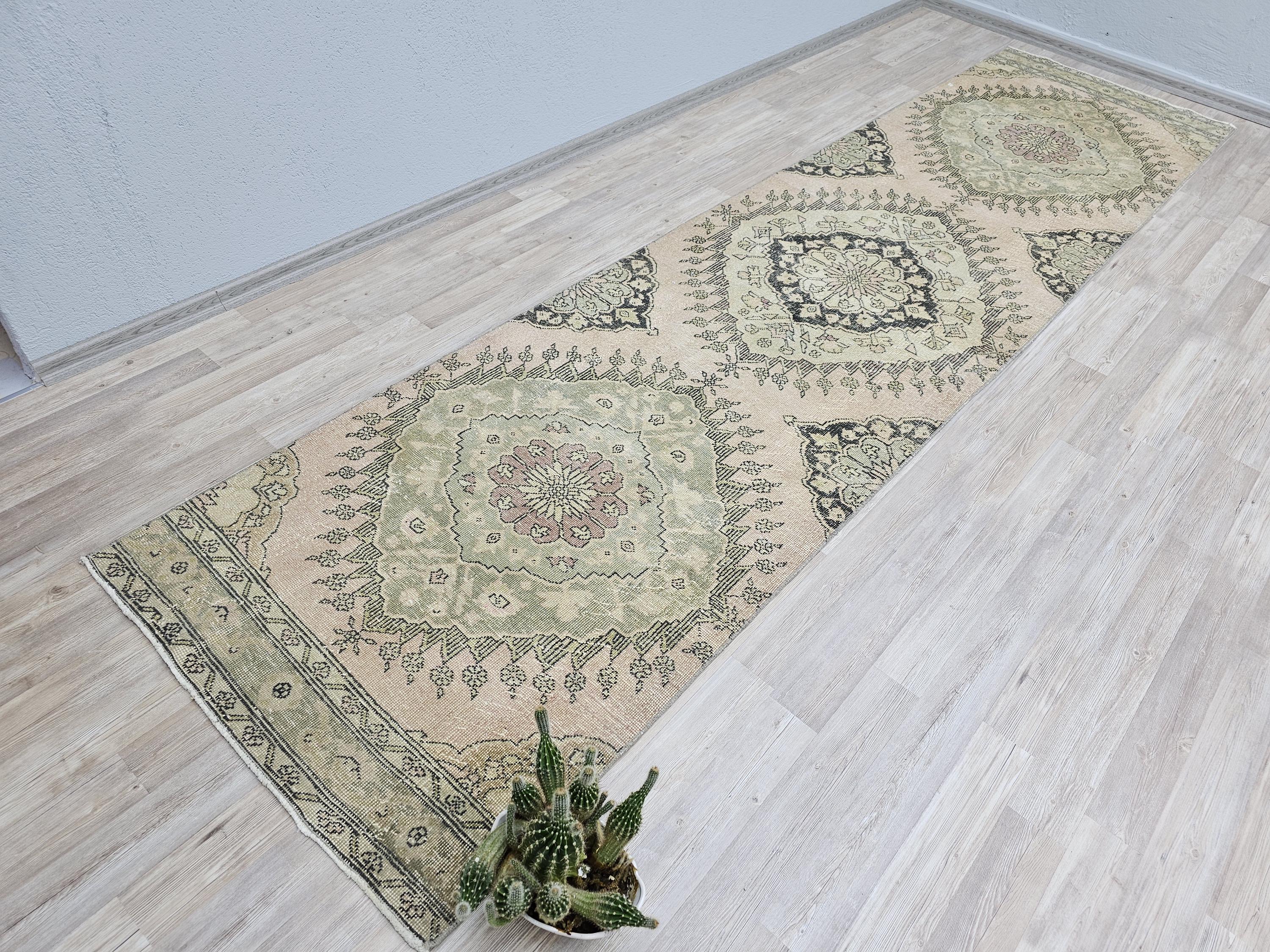 3x13 Army Green Turkish Neutral Runner Rug, Handmade Vintage Long ...