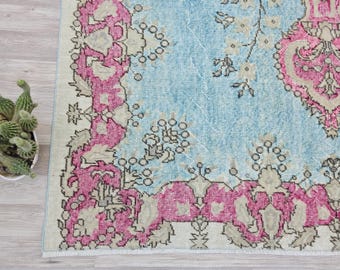 Vintage Turkish Rug 10.1x6.5 ft – Distressed Oushak  Rug – Pink & Blue Pastel Large Rug – Faded Boho Decor Rug – Handmade Anatolian Wool