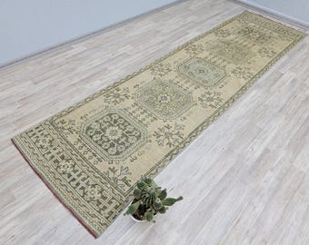 3x11 VINTAGE RUNNER RUG, 3x11 Mustard Blue Vintage Runner, 3x11 Rug, Handmade Wool Rug, 3x11 Runner Rug, 3x11 Turkish Runner, Hallway Runner