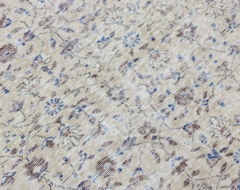 7x10 Vintage Turkish Floral Rug 6.5x10.3 ft – Distressed Beige Oriental Carpet – Large Handmade Area Rug – Faded Pastel Decorative Boho Rug