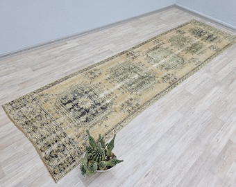 3x11 Army Green Rug, Vintage Runner Rug, Beige Color Rug, Turkish Oushak Rug, 2.8x 10.9 ft