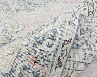 7x10 Vintage Pink Faded Turkish Rug 9.8x6.8 ft – Distressed Large Area Carpet, Pastel Beige Green Oriental Rug, Shabby Chic Boho Home Deco