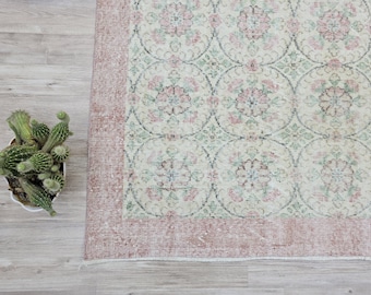 6x9 Vintage Floral Turkish Rug – Soft Pink & Green Overdyed Anatolian Carpet, Faded Cream Handmade Wool Rug 6x9.5 ft