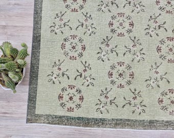 6x9 Large Green Floral Turkish Rug  – Vintage Distressed Area Carpet, All-Over Pattern, Pastel Green Boho Farmhouse Decor 6x9.5 ft