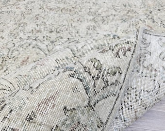 6x9 Vintage Faded Turkish Rug 6.4x9.3 ft – Distressed Beige Green Area Carpet, Large Neutral Oriental Rug, Boho Living Room Decor