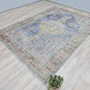 7x10 Turkish Rug, Blue Color Rug, Colorfull Rug, Living Room Rug, Dining Room Rug, Antique Rug, Navy Blue Rug 10.4x7.0