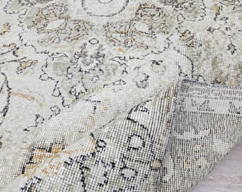Vintage Distressed Turkish Oushak Rug – Large Faded Beige Ivory Area Rug 6.5x10.5 ft, Antique Oriental Carpet, Worn Patina Bohemian Decor