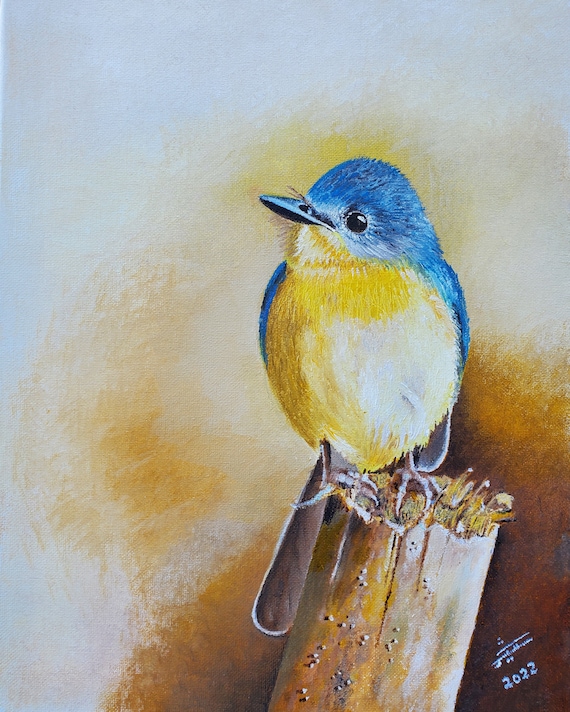 Yellow Bird Original Oil Painting on Stretched Canvas 11x14 / Also  Available as 11x14 Color Matte or Canvas Prints FREE Shipping 