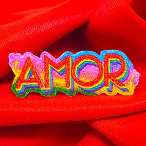 May include: A rainbow-colored embroidered patch with the word "AMOR" in a bold, stylized font. The patch is on a red fabric background.