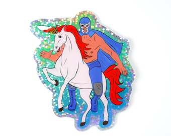 Blue Demon Luchador Riding Unicorn Holographic Sticker