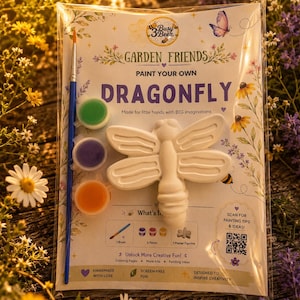 May include: A paint-your-own dragonfly craft kit in clear packaging. The set includes a white plaster dragonfly figurine, a blue paintbrush, and three small circular paint pots in green, purple, and orange. The card features the text Garden Friends Paint Your Own Dragonfly, a QR code, and illustrations of flowers, bees, and a butterfly.