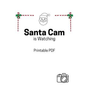 May include: A white background with the text "Santa Cam is Watching" in black. The image includes a line drawing of Santa Claus, candy canes, and a camera icon, all in red, green, and black.