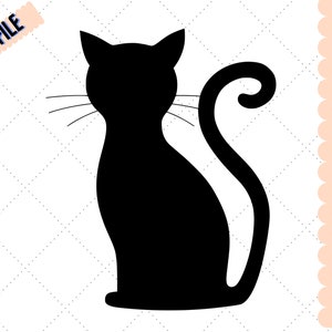May include: A black silhouette of a cat sitting with its tail curled around its body.