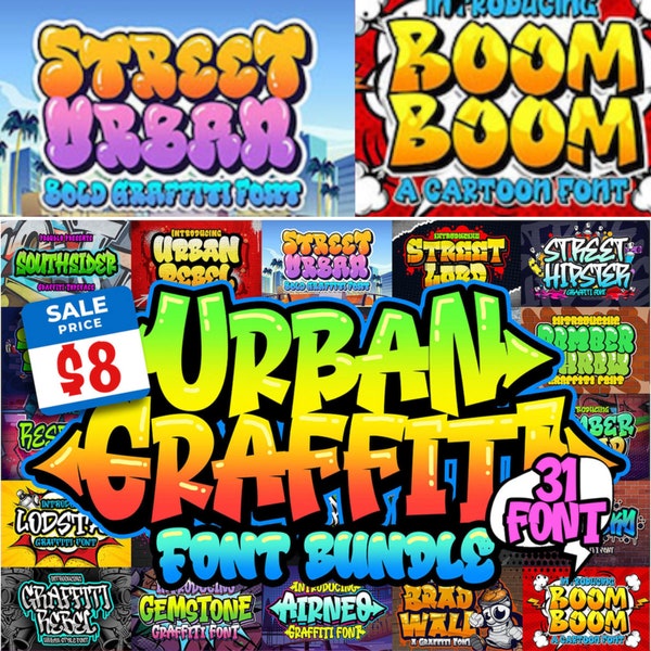 Urban Graffiti Font Bundle gathers Graffiti font, graffiti designs, POD designs, font bundle download fonts for clothing brand On SALE 2.22