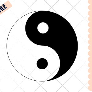 May include: A black and white Yin and Yang symbol, a circular design with a curved line dividing the two halves. The text "CUT FILE" is in a banner in the upper left corner. The right side lists file formats: SVG, EPS, DXF, PNG, and PDF.