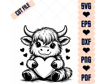 Highland Cow lijntekeningen SVG, landbouwhuisdieren gesneden bestand (digitale download)