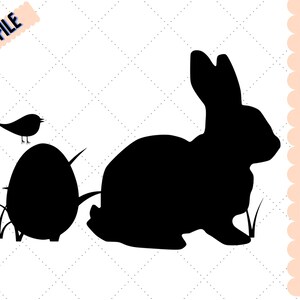 May include: Black silhouette of an Easter bunny, egg, and bird with grass accents. The image includes the text "CUT FILE" and file type options: SVG, EPS, DXF, PNG, and PDF. Perfect for crafting projects.