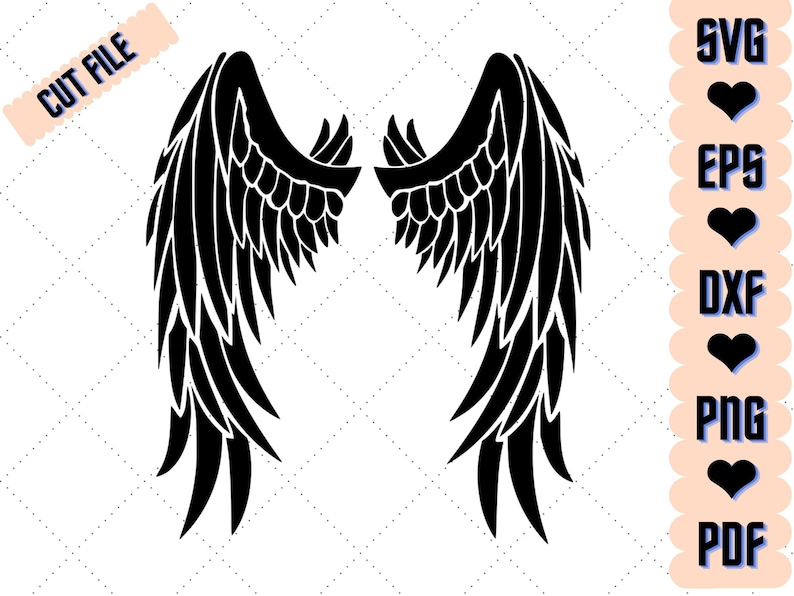May include: Black and white silhouette of a pair of angel wings. The wings are detailed with feathers and are symmetrical.