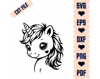 Unicorn Face SVG Cut File | Heart Detail Unicorn Head Outline (Digital Download)