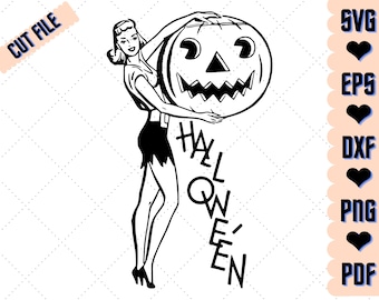 Pompoen retro vintage vrouw fantasie halloween svg, png, pdf, eps, dxf DIGITALE BESTANDEN voor Cricut, CNC en andere knip- of afdrukprojecten