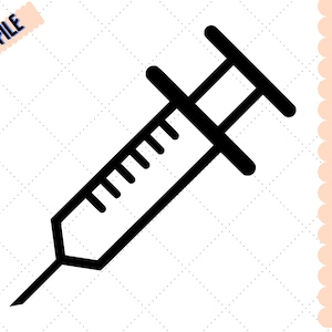 May include: Black and white silhouette of a syringe with a needle. The syringe is filled with a liquid and has a plunger. The needle is sharp and pointed.