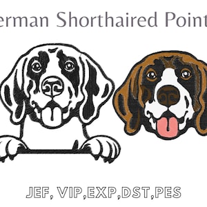 May include: Two embroidery designs of a German Shorthaired Pointer dog. One design is black and white, and the other is brown, white, and black. The text "2 Designs" is on the left side of the image. The text "JEF, VIP, EXP, DST, PES" is at the bottom of the image.