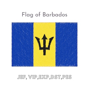 Könnte beinhalten: Die Flagge von Barbados zeigt ein gelbes Feld mit einem schwarzen Dreizack in der Mitte, flankiert von zwei blauen Feldern. Der Text "Flagge von Barbados" erscheint über der Flagge, und der Text "JEF, VIP, EXP, DST, PES" erscheint unter der Flagge.