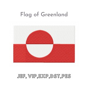 May include: The flag of Greenland, a white rectangle with a red circle in the center, divided by a horizontal red stripe. The circle is white on the top half and red on the bottom half. The text "Flag of Greenland" is above the flag and the text "JEF, VIP, EXP, DST, PES" is below the flag.