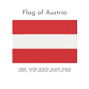 May include: The flag of Austria is red, white and red with a horizontal stripe design. The flag has the text "JEF, VIP, EXP, DST, PES" at the bottom.