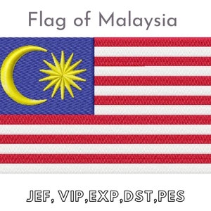 May include: The flag of Malaysia, a blue field with a yellow crescent moon and a 14-pointed star, and 14 alternating red and white stripes.