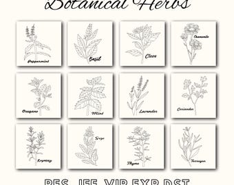 Puede incluir: Una ilustración en blanco y negro de 12 hierbas diferentes, incluyendo menta, albahaca, clavo, orégano, hierbabuena, lavanda, cilantro, romero, salvia, tomillo, manzanilla y estragón. La ilustración está etiquetada con el nombre de cada hierba.
