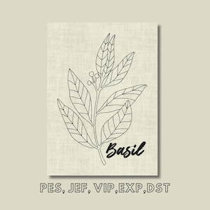 May include: Line drawing of a basil plant with the word "Basil" written in cursive below it. The image is on a textured background.