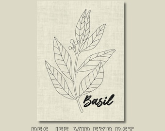 Basil Embroidery Design, Botanical Herbs, Easy Machine Embroidery, Instant Download, Digital File