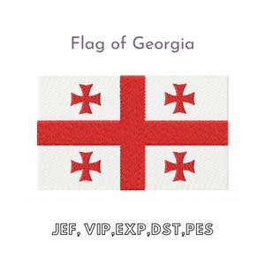 May include: The flag of Georgia features a white field with a red cross in the center. Four smaller red crosses are placed in the corners of the flag.