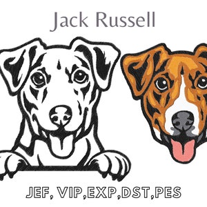 May include: Two embroidery designs of a Jack Russell Terrier, one in black and white and the other in brown, white, and black. The text "Jack Russell" is at the top of the image. The text "2 Designs" is on the left side of the image. The text "JEF, VIP, EXP, DST, PES" is at the bottom of the image.