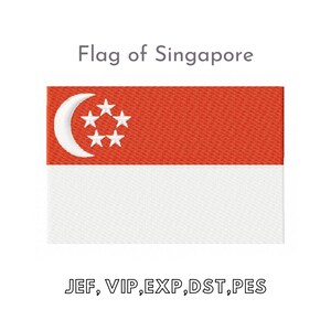 Puede incluir: La bandera de Singapur, un rectángulo rojo con una luna creciente blanca y cinco estrellas blancas en la esquina superior izquierda, y un rectángulo blanco debajo.